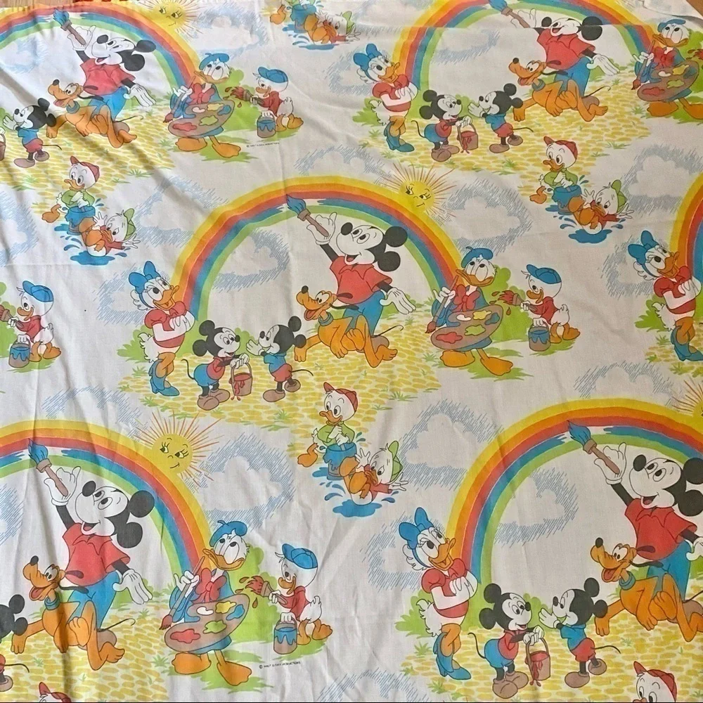 Vintage Disney Mickey Mouse Flat Twin Sheet Painting Rainbows Donald Duck Huey